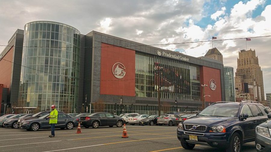 A picture of the front of Prudential Center in Newark, NJ.