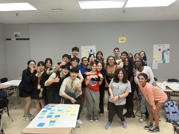 Students from South Korea and SPFHS get together for a group photo. They enjoyed participating in conversation circles and getting to know each other. 