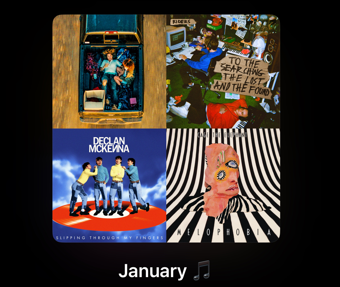 An+iPhone+displays+a+curated+Apple+Music+playlist.+I+created+this+playlist+to+display+my+most+played+songs+for+Jan.+2024.+