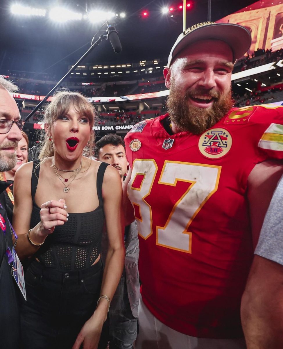 Taylor Swift and tight end Travis Kelce celebrate after the Chiefs win the Super Bowl. The Chiefs repeated as Super Bowl champions on Feb. 11. 