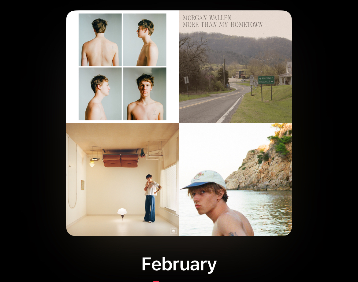 An iPhone displays a curated Apple Music playlist. I created this playlist to display my most played songs for Feb. 2024.