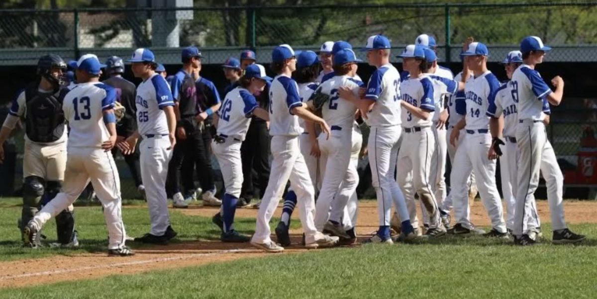 The SPF Raider Baseball team celebrates after a win during the 2023 season. The Raiders went 9-16, reaching the quarterfinals of the Union County Tournament.