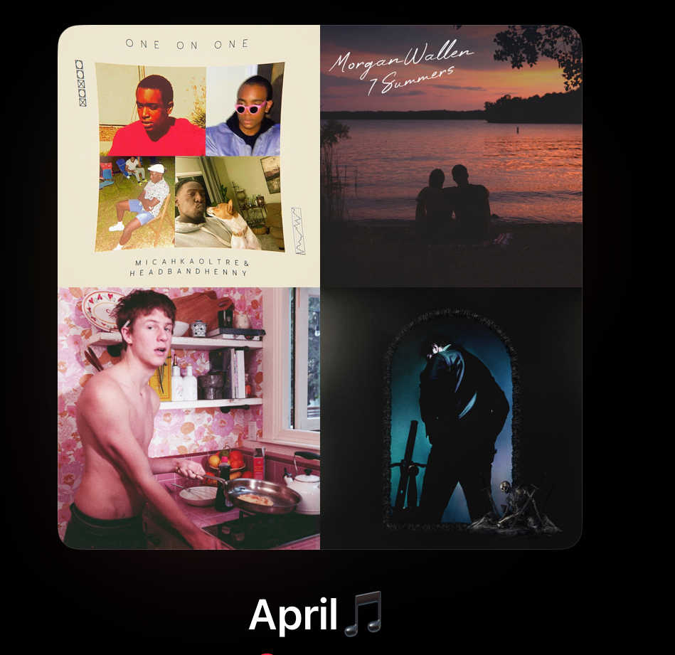 An iPhone displays a curated Apple Music playlist. I created this playlist to display my most played songs for April 2024. 