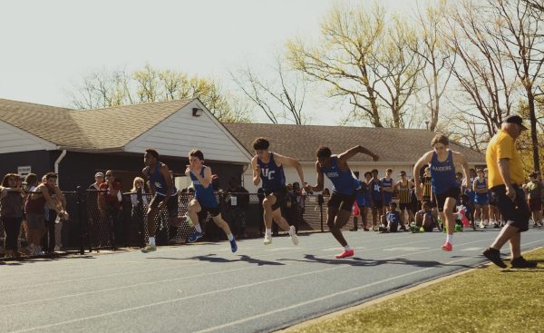Scotch Plains-Fanwood’s Anderson Pollack, Isaiah Williams, and Blake Jackson take off after the starter pistol is fired. This was the first heat of the boys 100 event. 