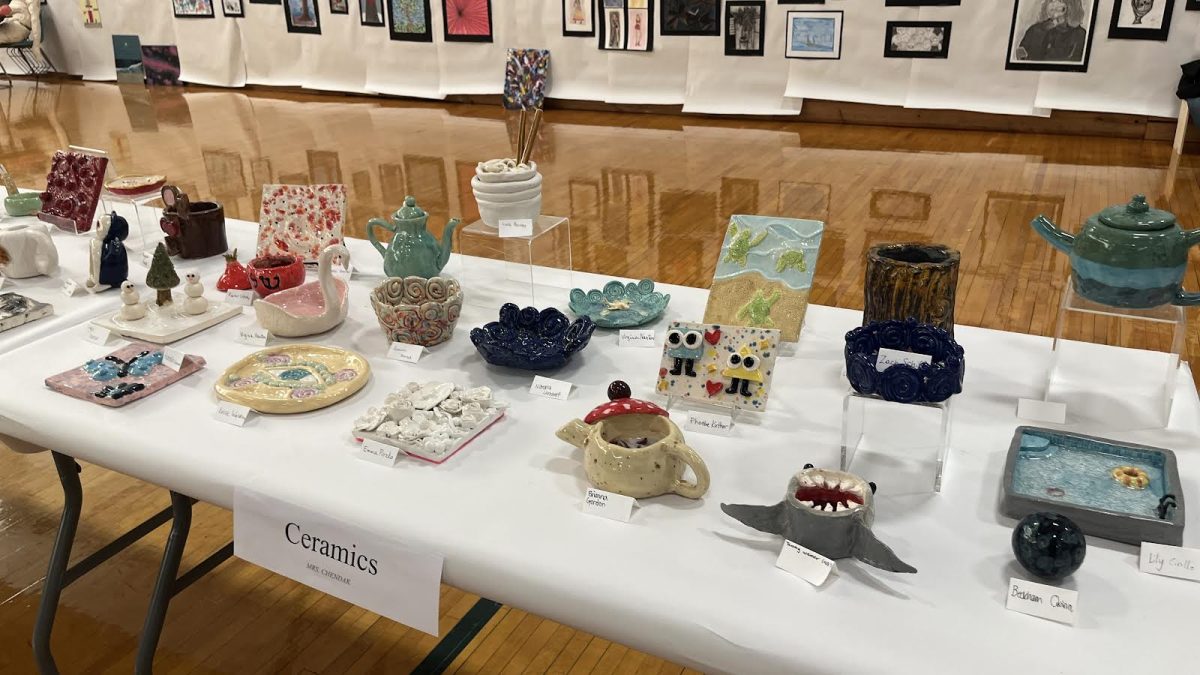 Pictured is the ceramic section at the yearly art show which contains student work from various classes and grades.