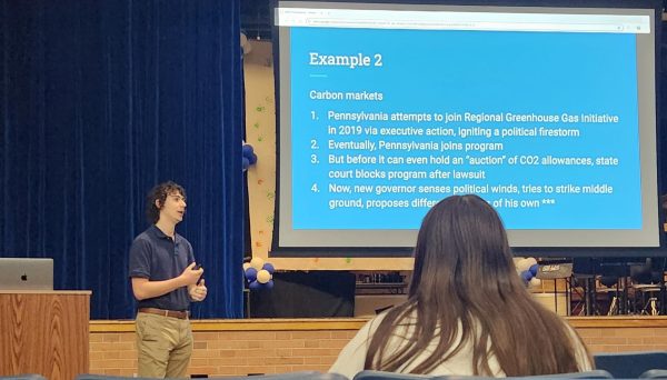 Jordan Wolman, SPFHS alumni and POLITICO sustainability reporter, speaks to students as a guest speaker of the Environmental Club. Wolman graduated from SPFHS in 2017 and was one of the first students to take AP Environmental Science at SPFHS.