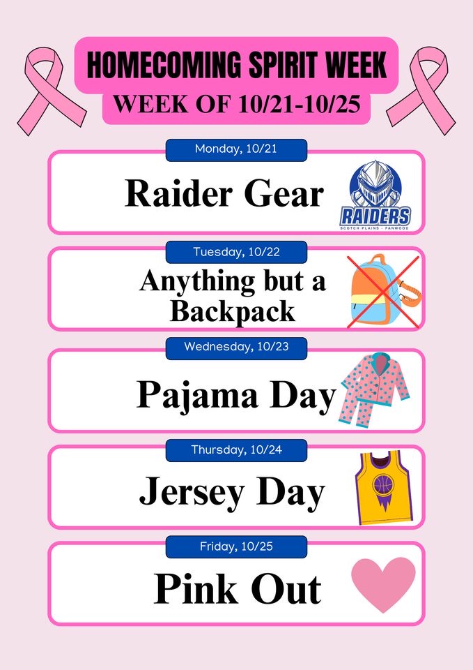 Student Government Association announces the Homecoming Spirit Week. Examples of what to wear are posted for each day of the week.