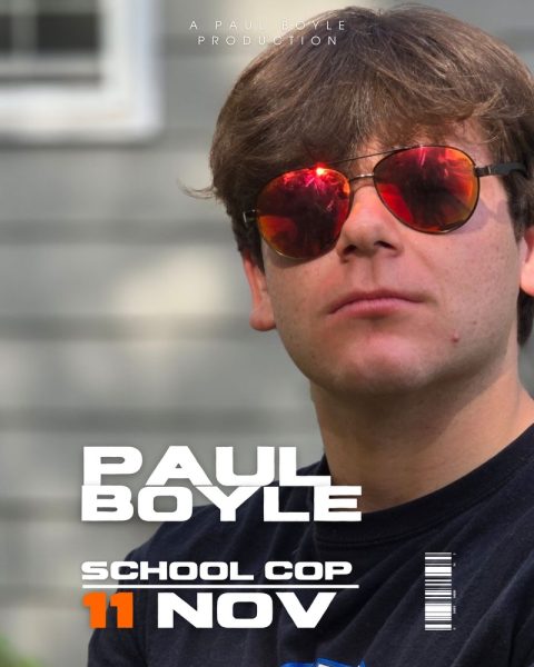 Paul Boyle posing in the poster for his newest short film “Paul Boyle School Cop.” Boyle’s short film released on Nov. 11, 2024.