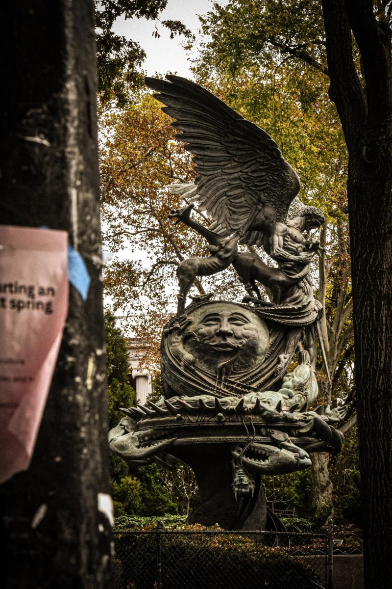 The Peace Fountain depicts the struggle of good and evil, but despite being called a fountain, no water is present.