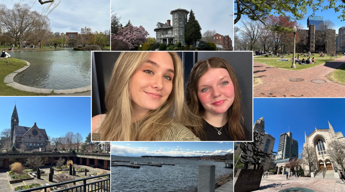 Top left: Boston Common Pond. Top middle: Dominic Hall at Providence College. Top right: Small quad at Boston University. Bottom left: Old Chapel student center at University of Massachusetts. Bottom middle: Lake Champlain in Vermont. Bottom right: Marsh Chapel at Boston University. 

