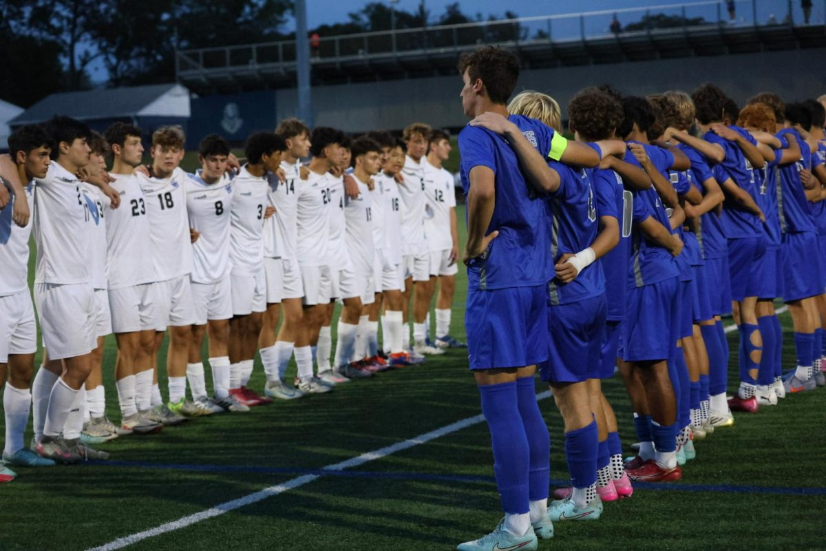 The SPF boys soccer team lines up facing Westfield before the game. The Raiders topped Westfield 1-0 in an early season matchup.