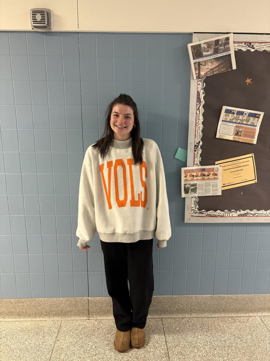 SPFHS Senior Samantha Chesky sports her new “inside out” sweatshirt. The new style is one that many debate.