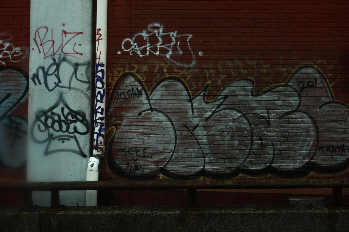 Graffiti on street buildings before tunnel