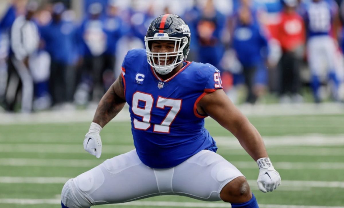 Dexter Lawrence II hits his signature “Sexy Dexy” dance after a big sack. The star defensive tackle recently requested a trade from the Giants.