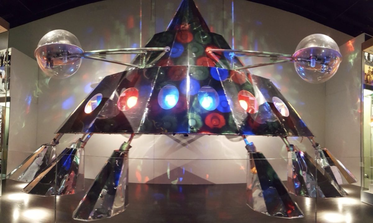 This photograph shows the Mothership model from the notorious Parliament Funkadelic album. This photo was taken where the actual model is now–at the National Museum of African American History and Culture in Washington, D.C. 